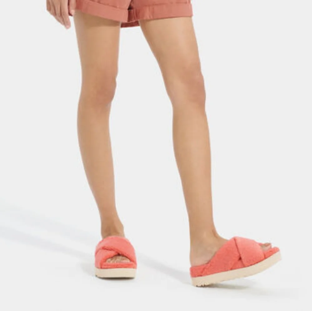 Ugg Fuzz Sugar Terry Cross Slide Sandals Peach Bliss - Picture 7 of 7